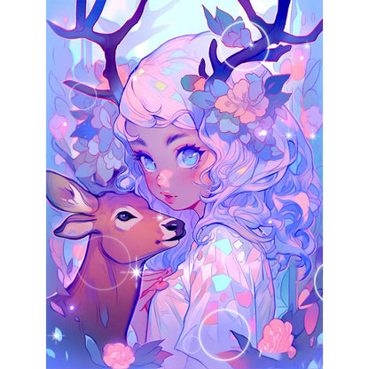 Girl And Deer - Full Round Drill Diamond Painting 40*50CM