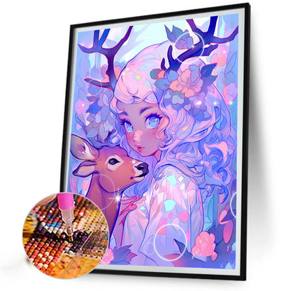 Girl And Deer - Full Round Drill Diamond Painting 40*50CM