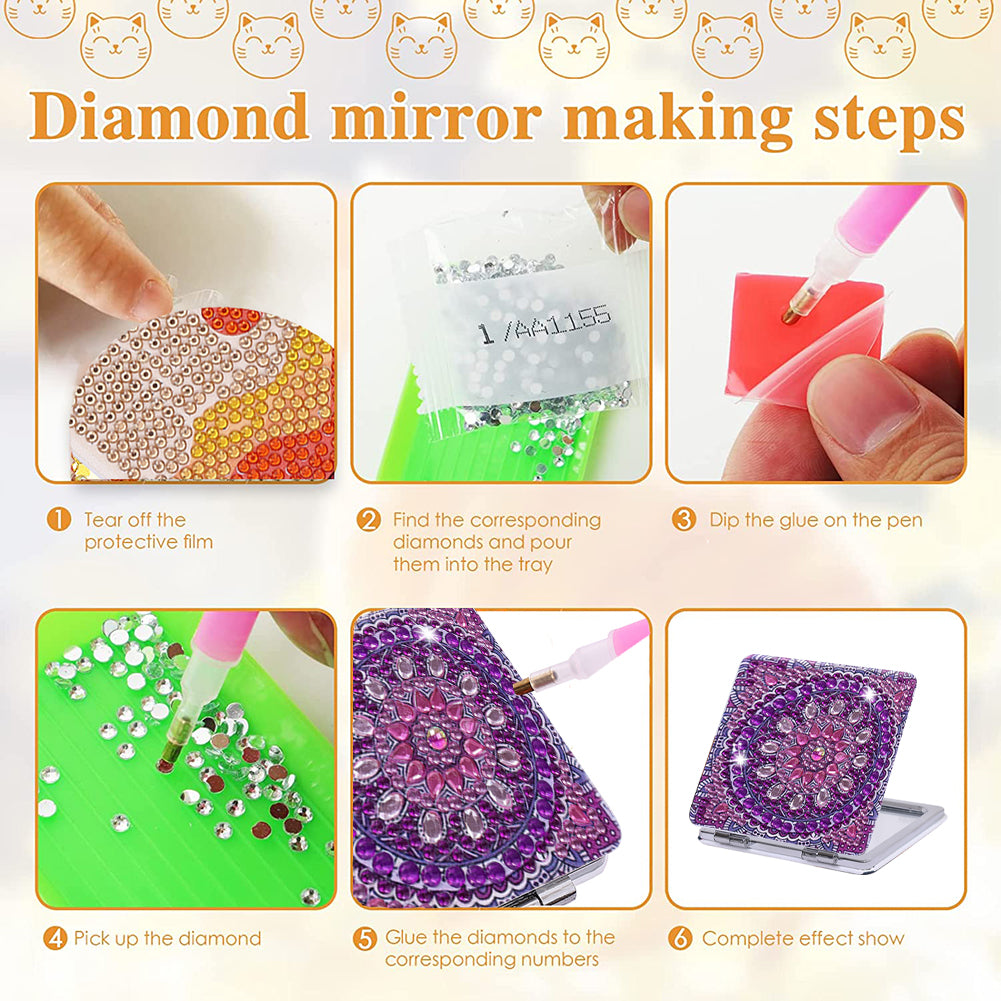 DIY Crystal Diamond Mirror Portable Mandala Art Craft Set Pocket Mirror for Girl