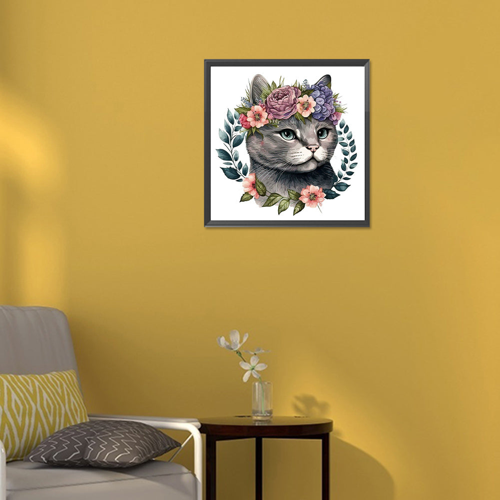 Cat With Wreath - Full Round Drill Diamond Painting 30*30CM