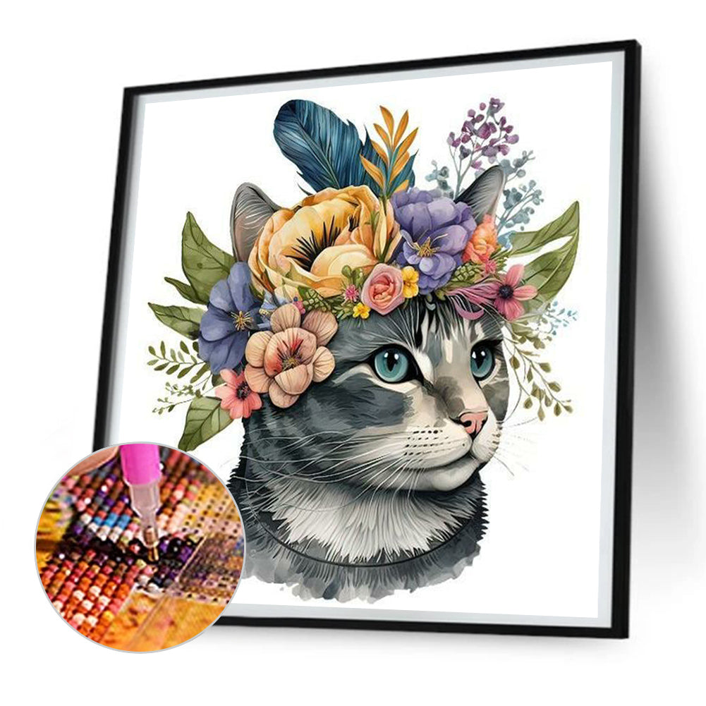 Cat With Wreath - Full Round Drill Diamond Painting 30*30CM