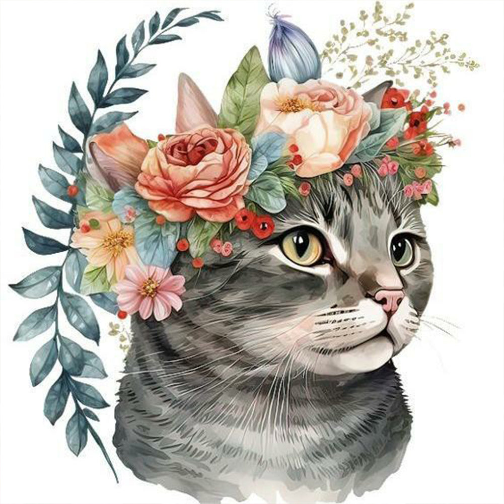 Cat With Wreath - Full Round Drill Diamond Painting 30*30CM