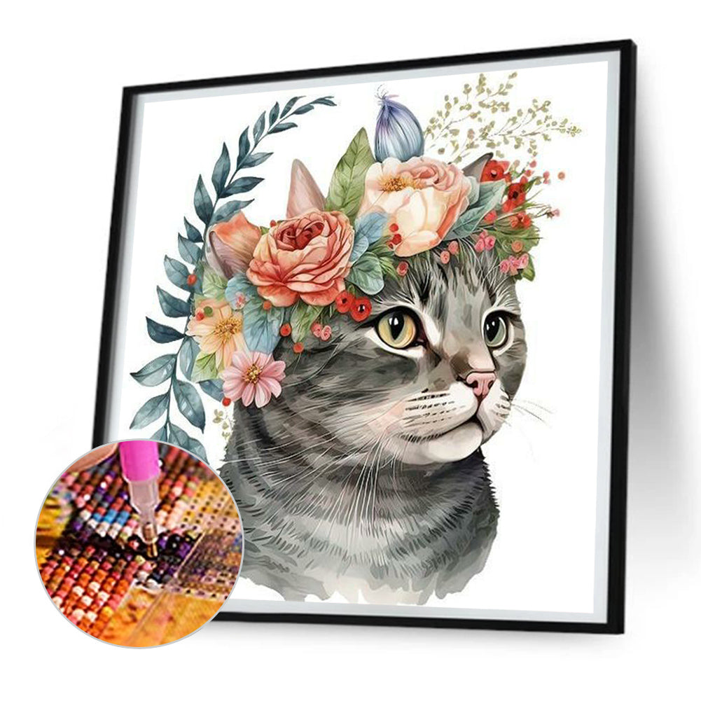 Cat With Wreath - Full Round Drill Diamond Painting 30*30CM