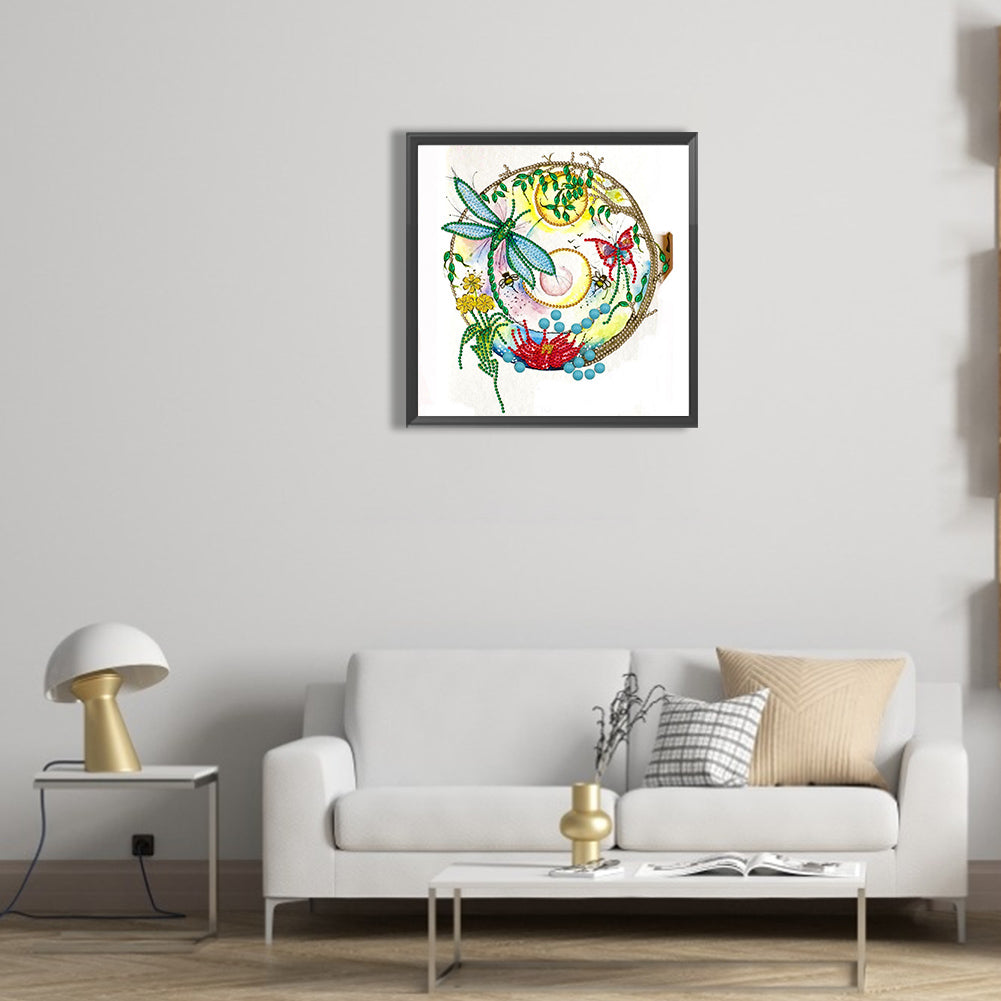 Dragonfly Flower Clock - Special Shaped Drill Diamond Painting 30*30CM