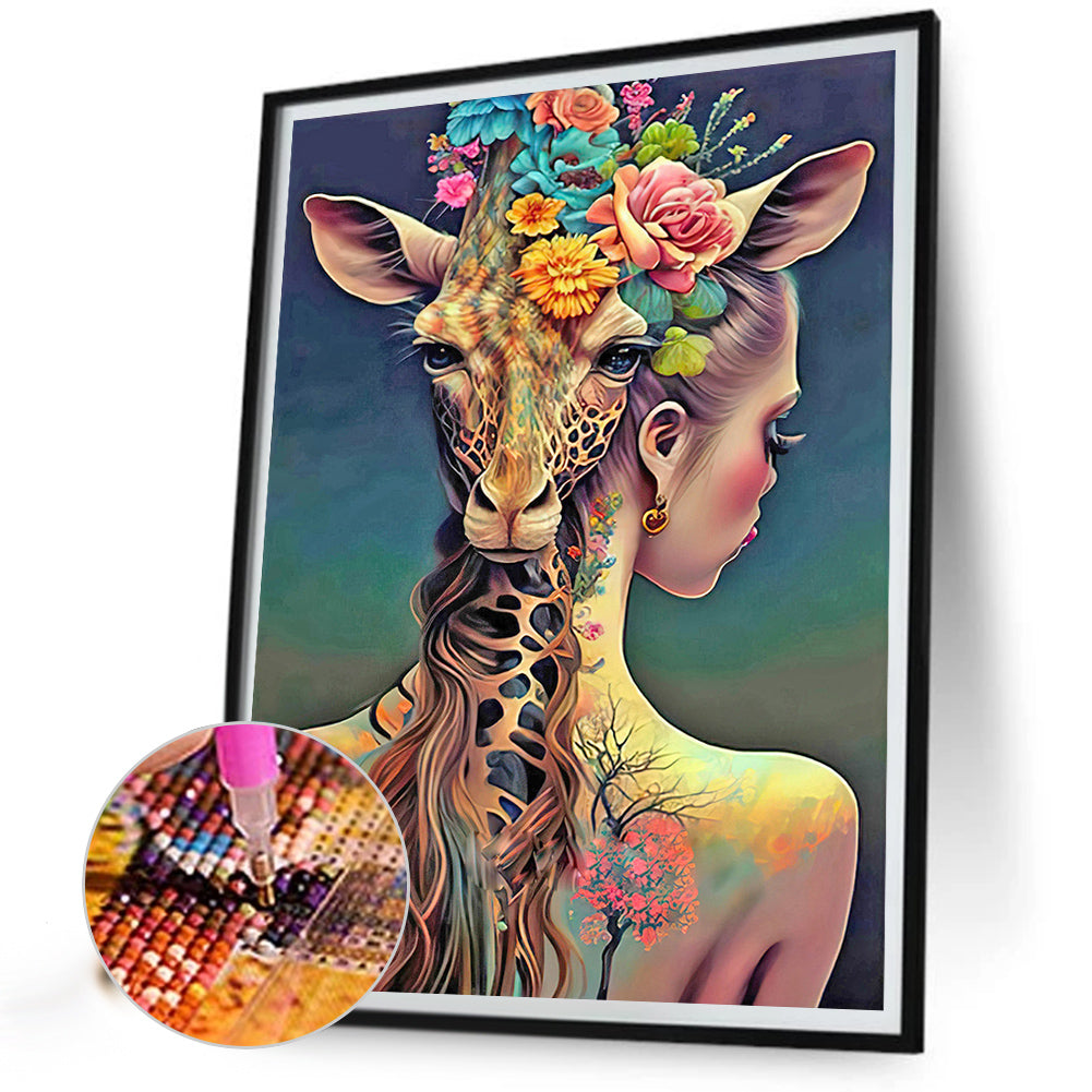 Girl With Giraffe - Full Round Drill Diamond Painting 40*50CM