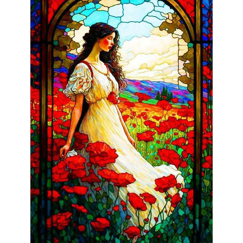 Girl In White And Sea Of Flowers - Full Round Drill Diamond Painting 30*40CM