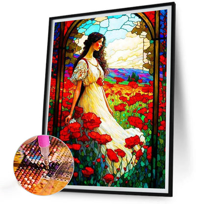 Girl In White And Sea Of Flowers - Full Round Drill Diamond Painting 30*40CM