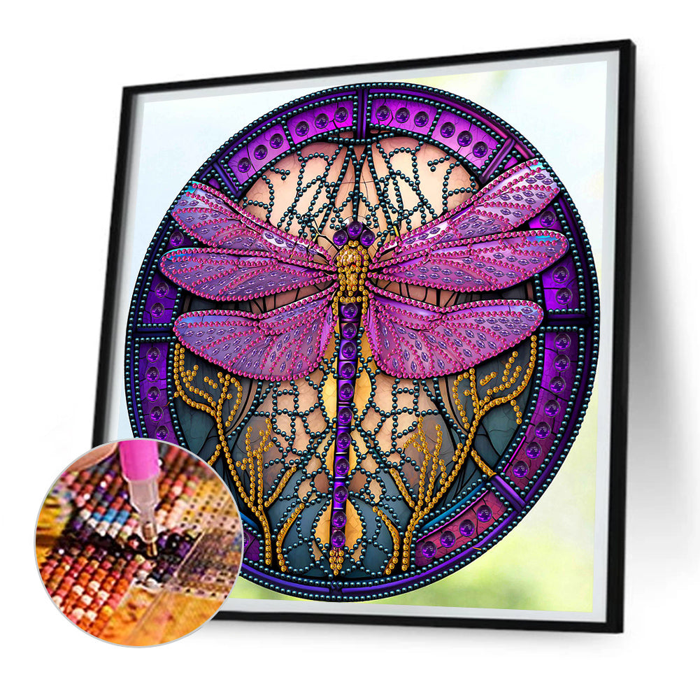 Dragonfly Painted On Round Plate Glass - Special Shaped Drill Diamond Painting 30*30CM