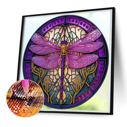 Dragonfly Painted On Round Plate Glass - Special Shaped Drill Diamond Painting 30*30CM