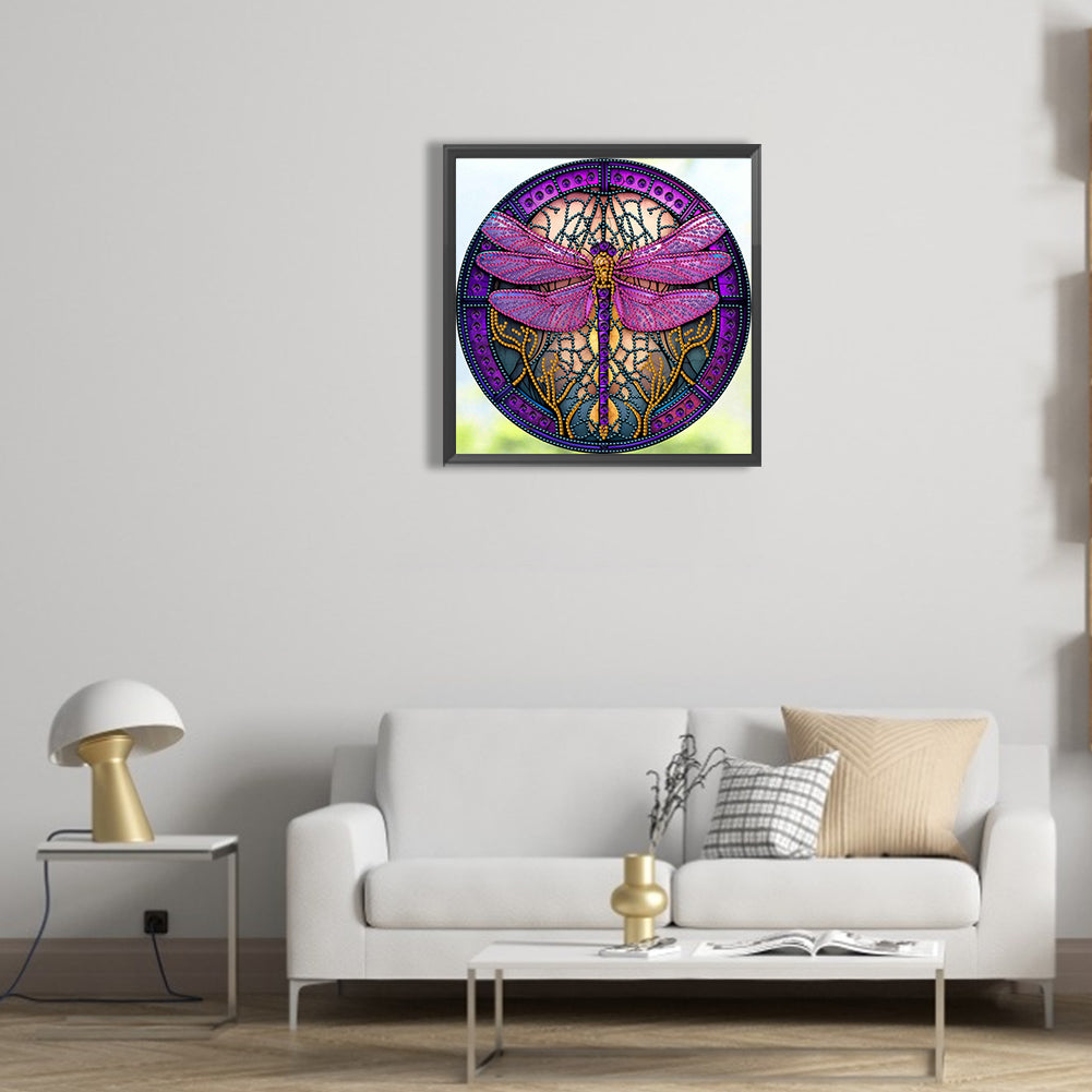 Dragonfly Painted On Round Plate Glass - Special Shaped Drill Diamond Painting 30*30CM