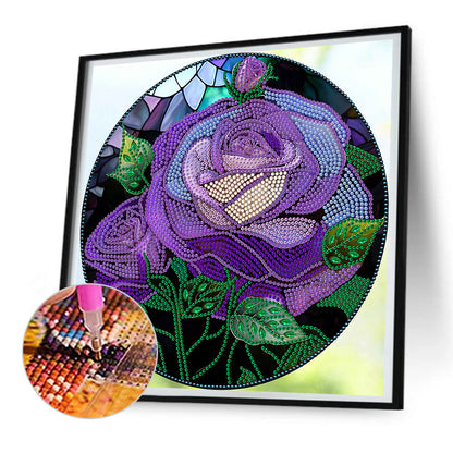 Round Glass Painted Purple Roses - Special Shaped Drill Diamond Painting 30*30CM