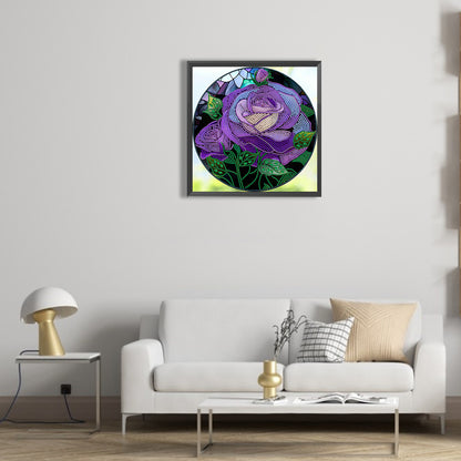 Round Glass Painted Purple Roses - Special Shaped Drill Diamond Painting 30*30CM