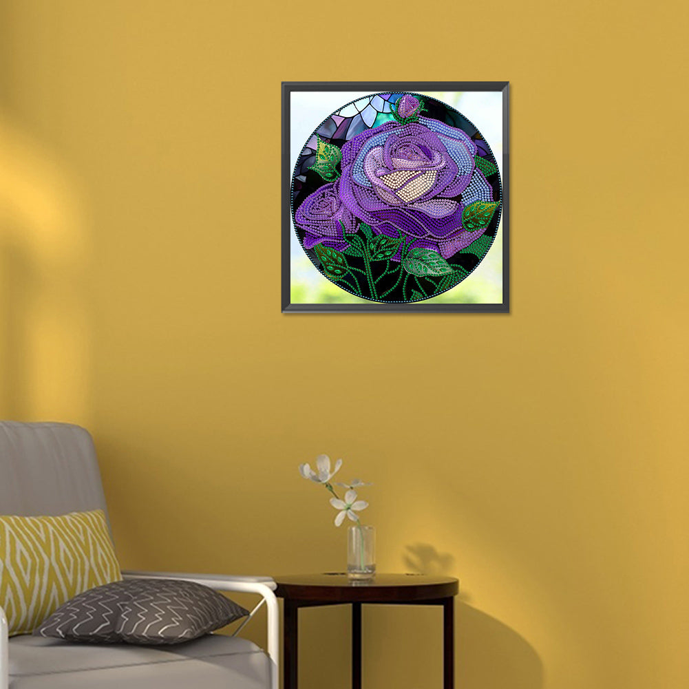 Round Glass Painted Purple Roses - Special Shaped Drill Diamond Painting 30*30CM