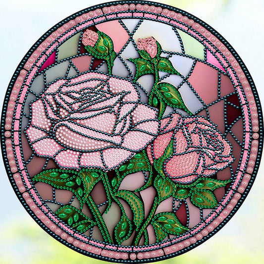 Round Card Glass Painted Pink Rose - Special Shaped Drill Diamond Painting 30*30CM