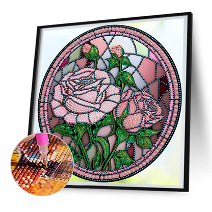 Round Card Glass Painted Pink Rose - Special Shaped Drill Diamond Painting 30*30CM