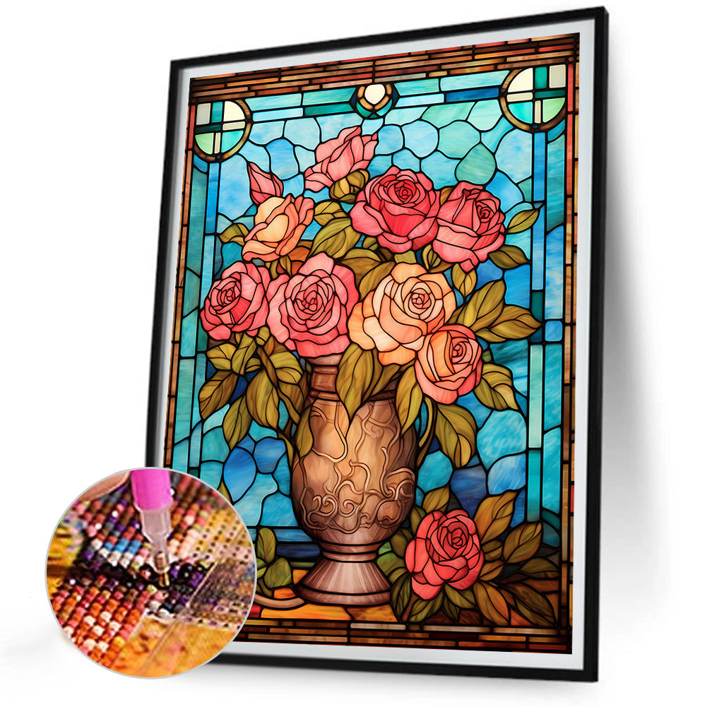 Rose Vase Glass Painting - Full Round Drill Diamond Painting 30*40CM