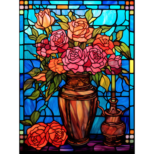 Rose Vase Glass Painting - Full Round Drill Diamond Painting 30*40CM