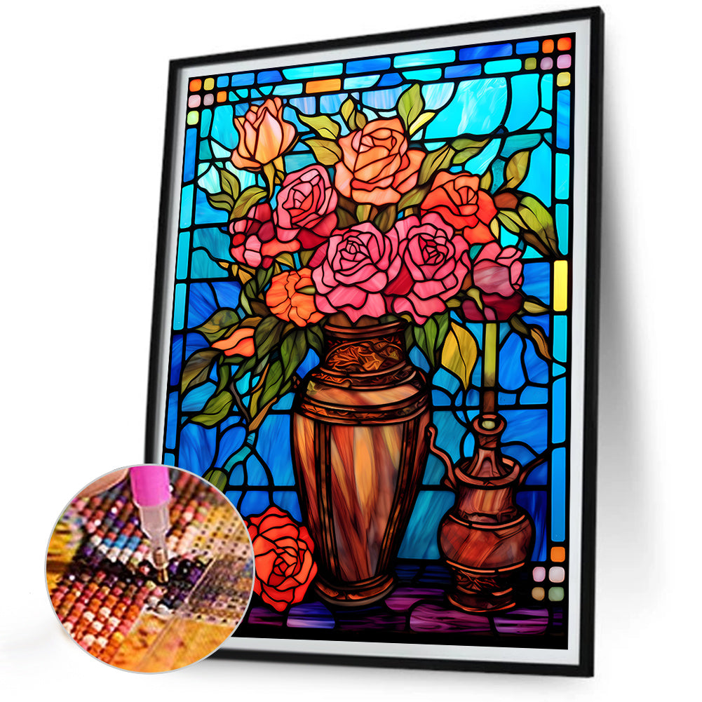 Rose Vase Glass Painting - Full Round Drill Diamond Painting 30*40CM