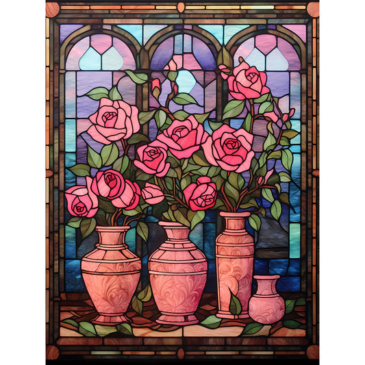 Rose Vase Glass Painting - Full Round Drill Diamond Painting 30*40CM