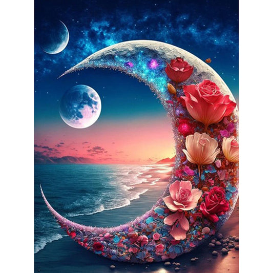 Seaside Flowers Bright Moon - Full Square Drill Diamond Painting 50*60CM