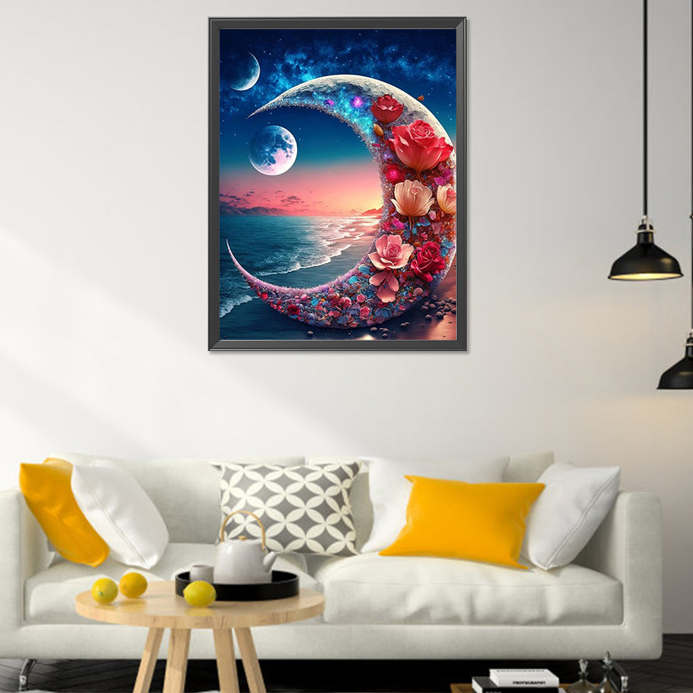 Seaside Flowers Bright Moon - Full Square Drill Diamond Painting 50*60CM