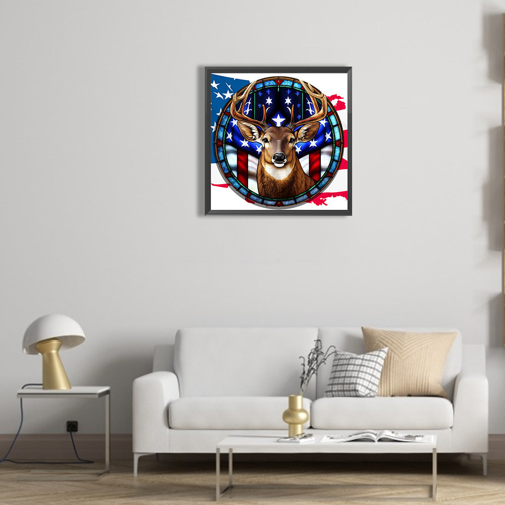 Deer With American Flag - Full Round Drill Diamond Painting 30*30CM