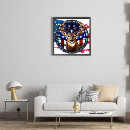 Deer With American Flag - Full Round Drill Diamond Painting 30*30CM