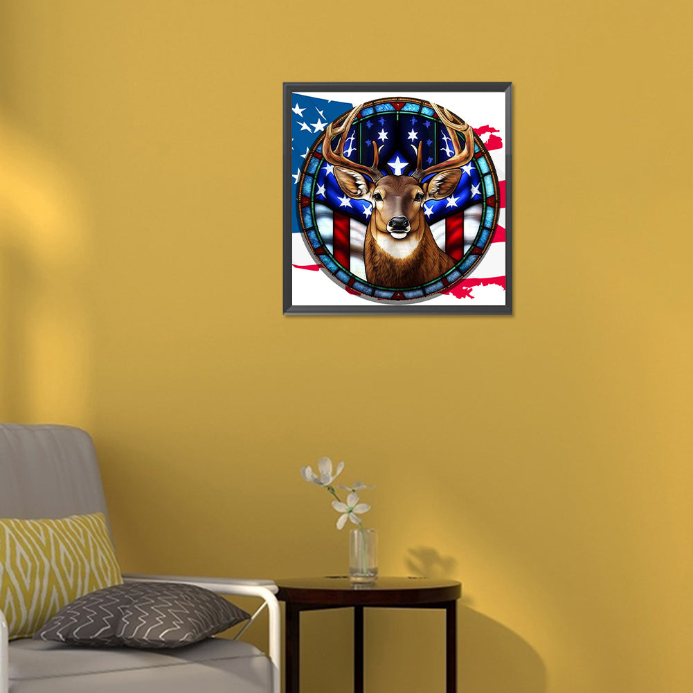 Deer With American Flag - Full Round Drill Diamond Painting 30*30CM