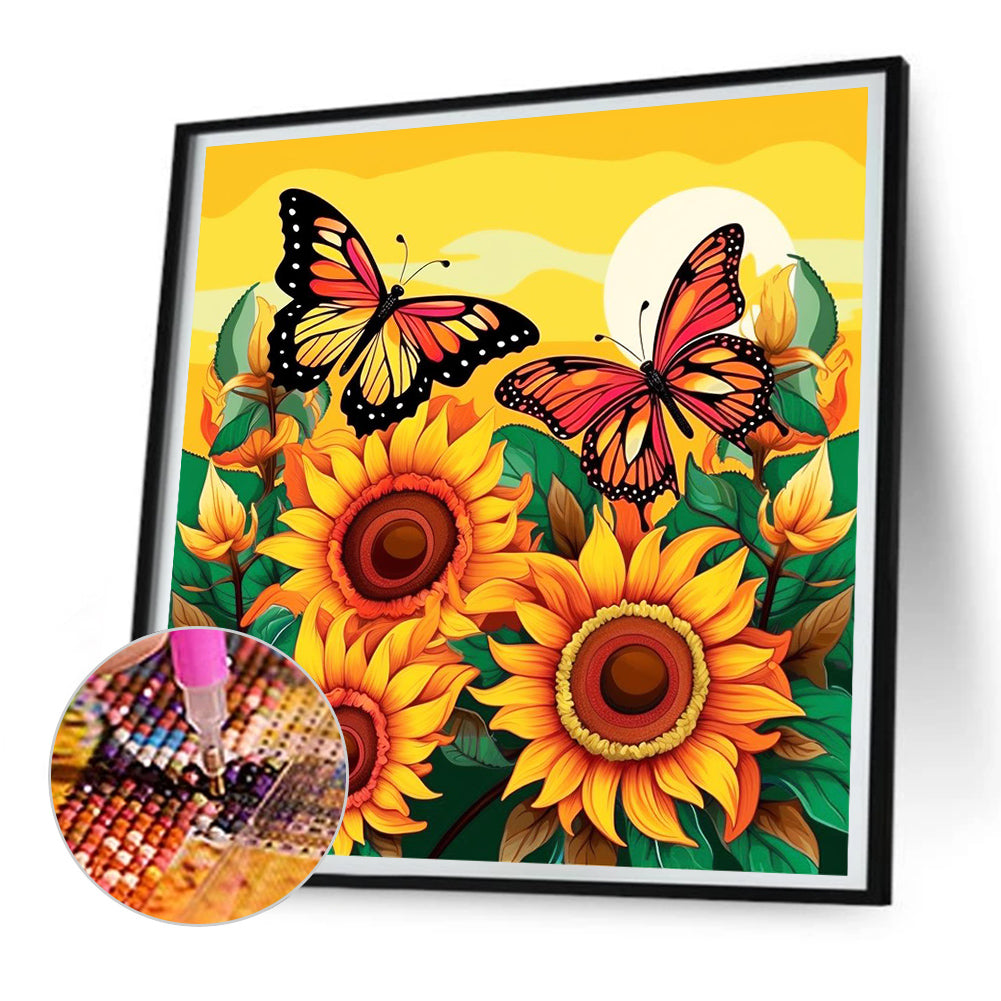 Butterfly And SuNFLower - Full Round Drill Diamond Painting 30*30CM