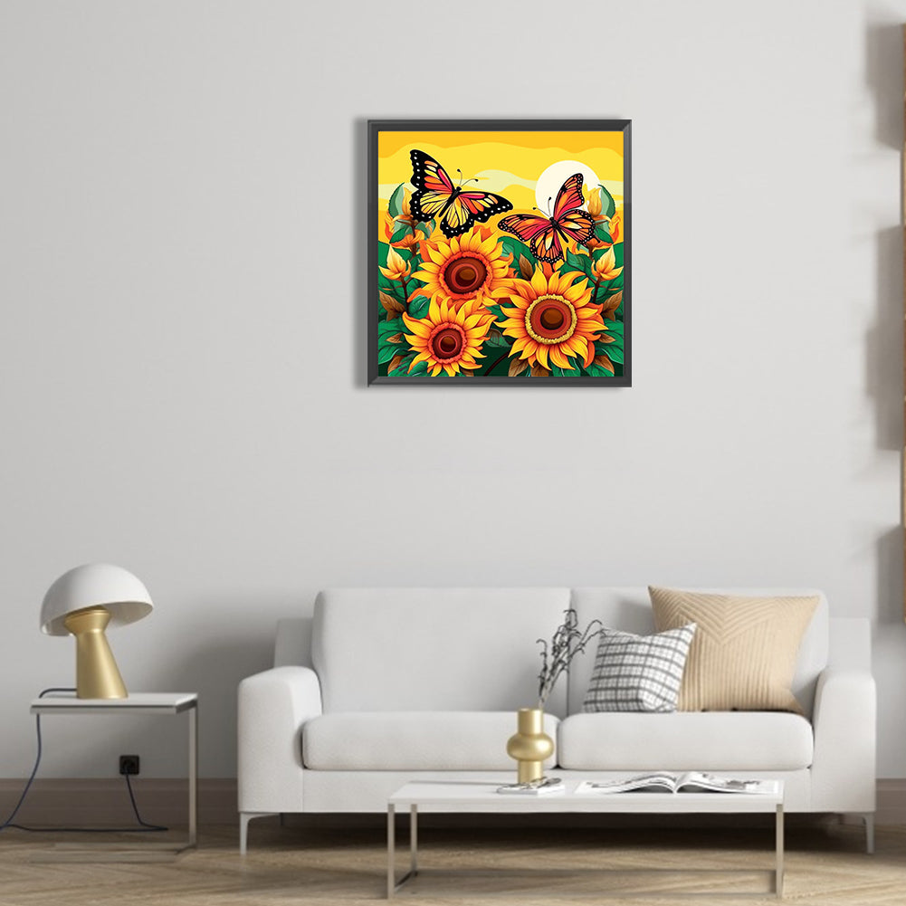 Butterfly And SuNFLower - Full Round Drill Diamond Painting 30*30CM