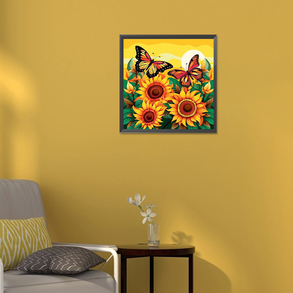 Butterfly And SuNFLower - Full Round Drill Diamond Painting 30*30CM