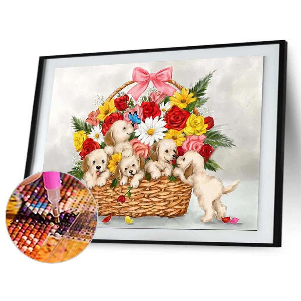 Flower Basket Puppy - Full Round Drill Diamond Painting 40*30CM