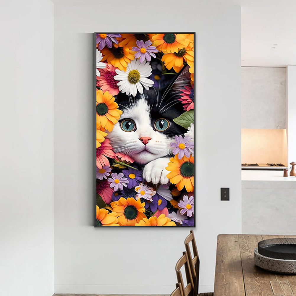 Cat Surrounded By Flowers - Full Round Drill Diamond Painting 40*80CM