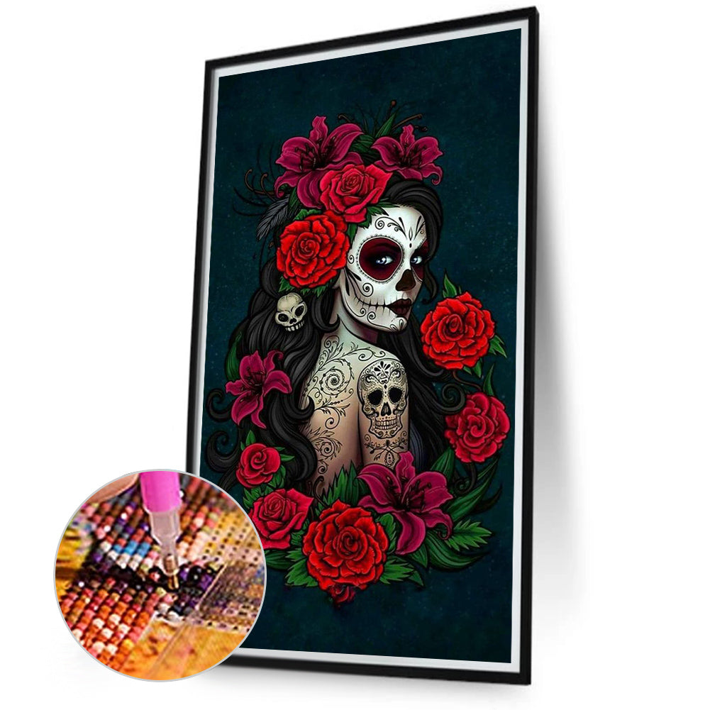 Rose Skull Girl - Full Round Drill Diamond Painting 40*70CM