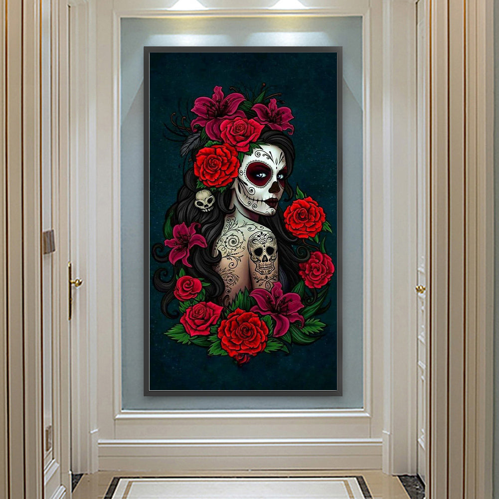 Rose Skull Girl - Full Round Drill Diamond Painting 40*70CM