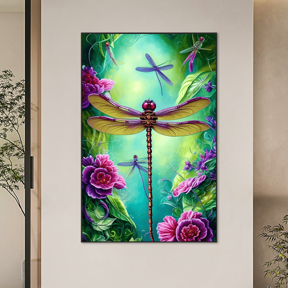 Flower Dragonfly - Full Round Drill Diamond Painting 45*70CM