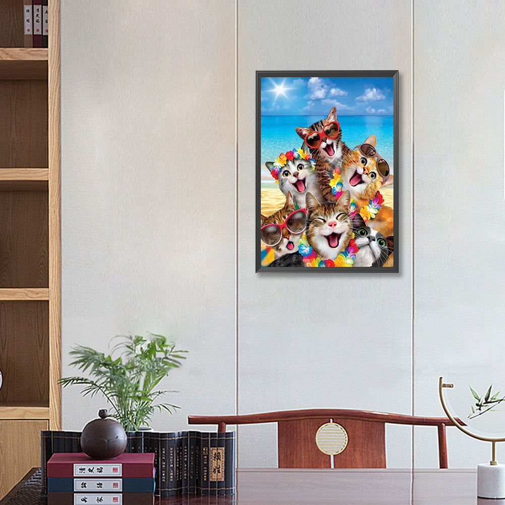 Seaside Holiday Cat - Full Round Drill Diamond Painting 35*50CM