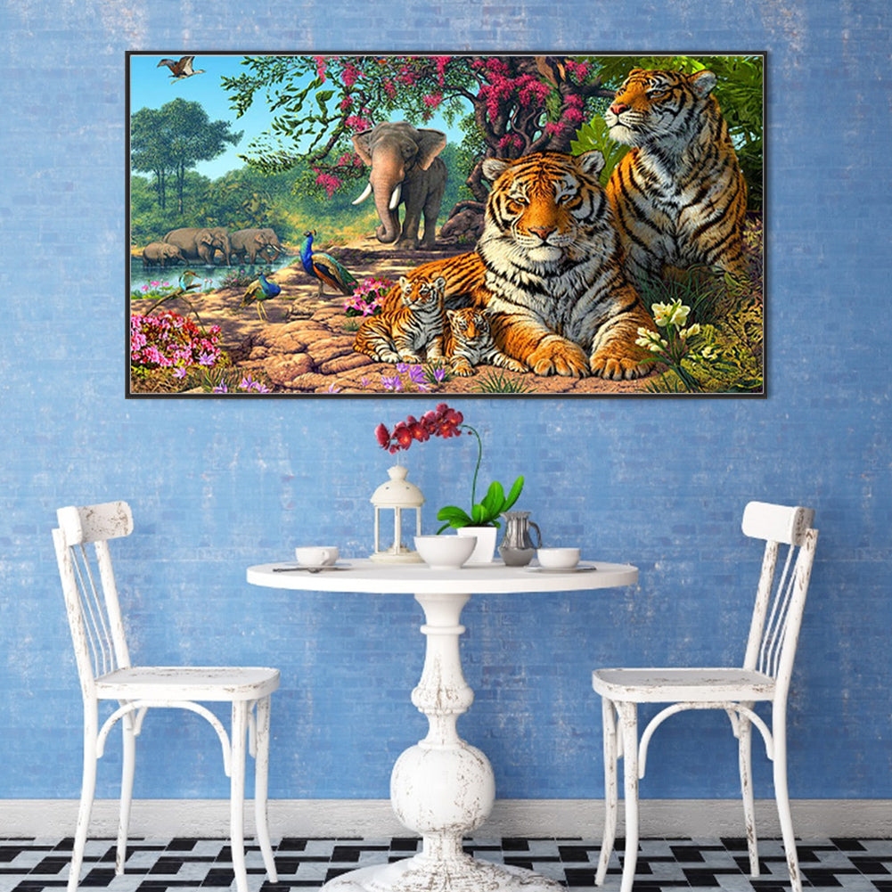 Zoo Tiger Elephant Peacock - Full Round Drill Diamond Painting 75*40CM