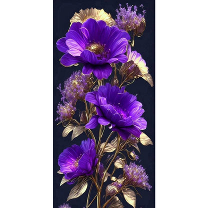 Purple Flowers On Black Background - Full Round Drill Diamond Painting 40*80CM