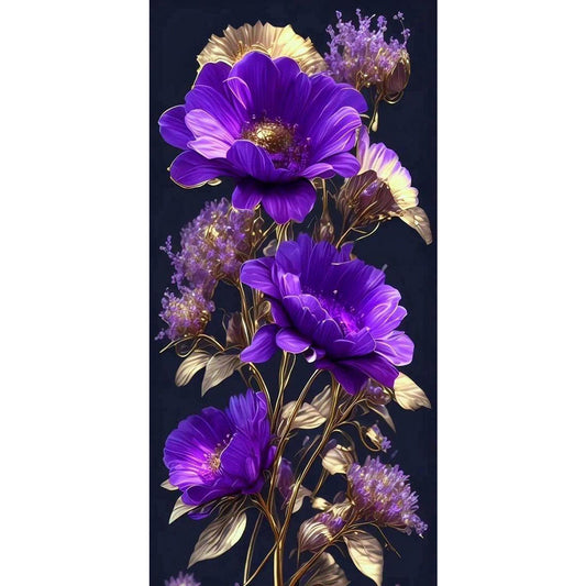 Purple Flowers On Black Background - Full Round Drill Diamond Painting 40*80CM
