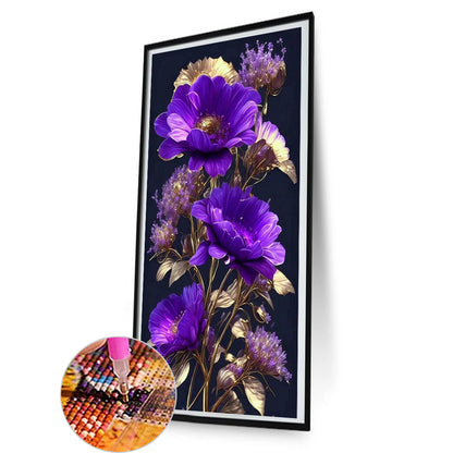 Purple Flowers On Black Background - Full Round Drill Diamond Painting 40*80CM