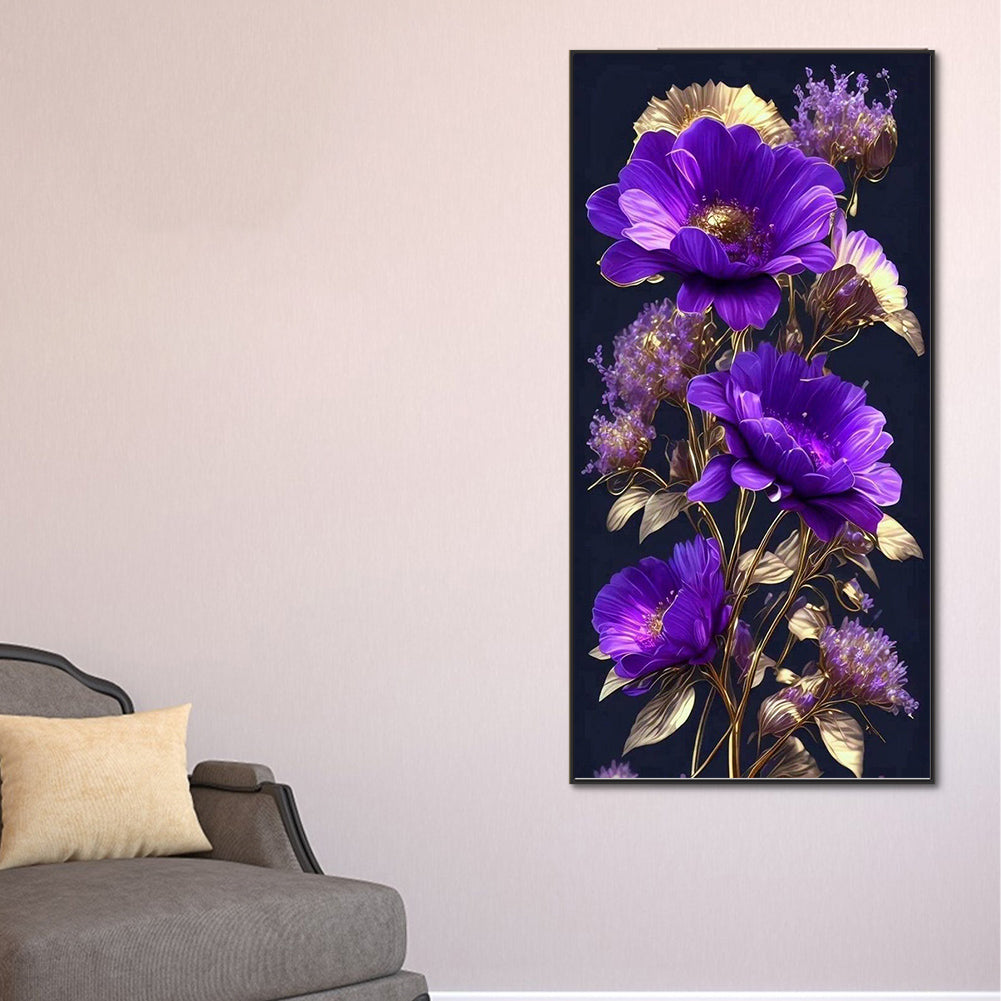 Purple Flowers On Black Background - Full Round Drill Diamond Painting 40*80CM