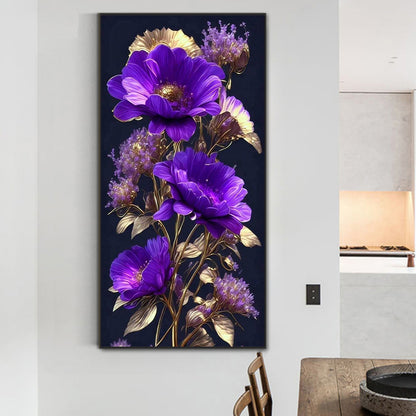 Purple Flowers On Black Background - Full Round Drill Diamond Painting 40*80CM
