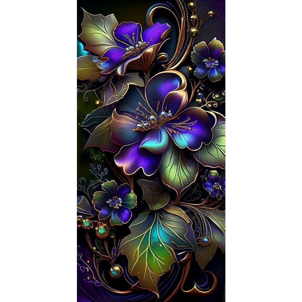 Purple Flowers On Black Background - Full Round Drill Diamond Painting 40*80CM