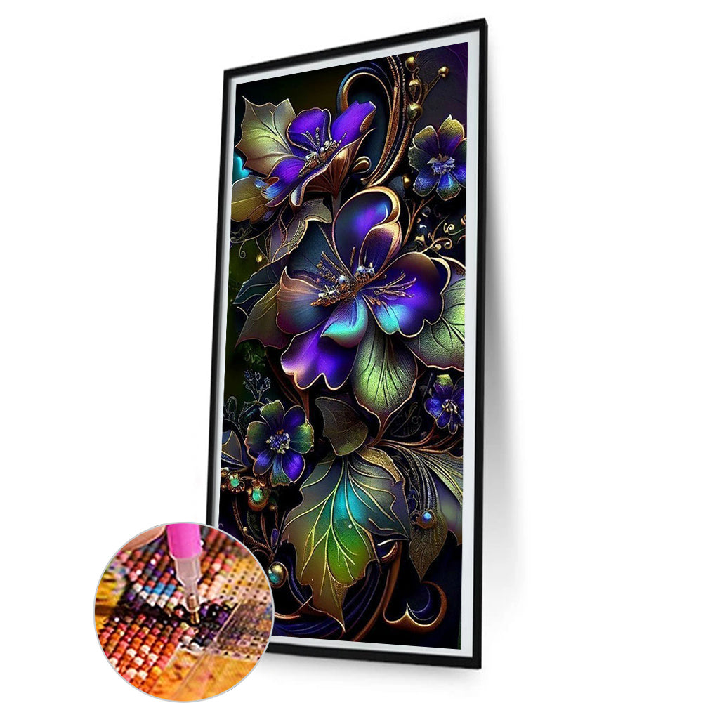 Purple Flowers On Black Background - Full Round Drill Diamond Painting 40*80CM