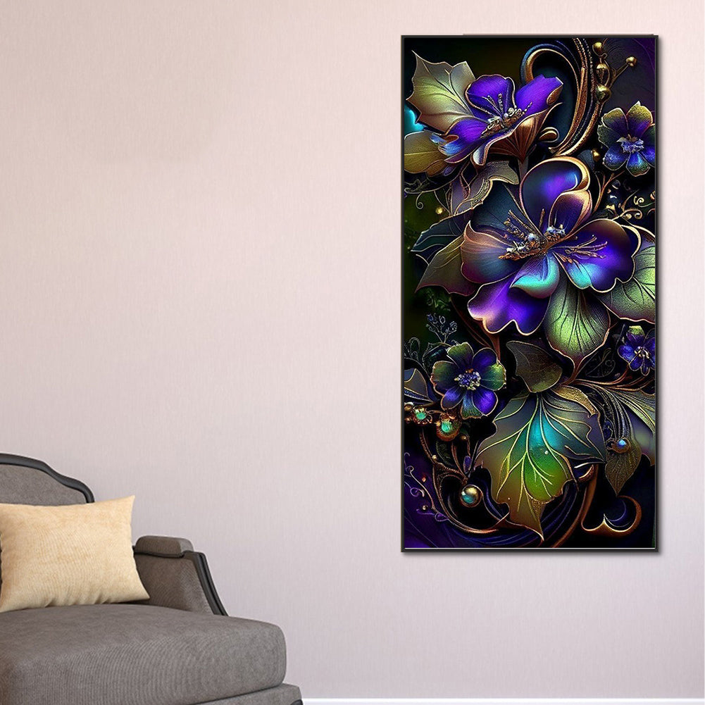 Purple Flowers On Black Background - Full Round Drill Diamond Painting 40*80CM