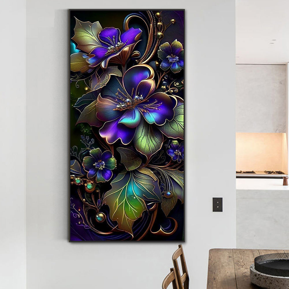 Purple Flowers On Black Background - Full Round Drill Diamond Painting 40*80CM