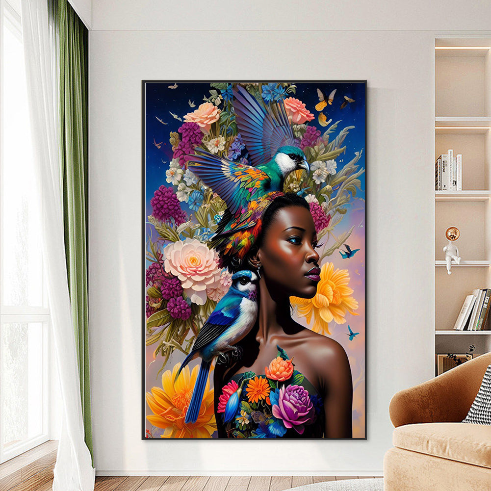 Flower And Bird Decoration Girl - Full Round Drill Diamond Painting 50*80CM