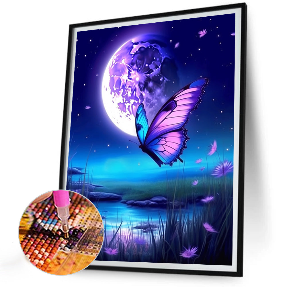 Butterfly Under The Moon - Full Round Drill Diamond Painting 30*40CM