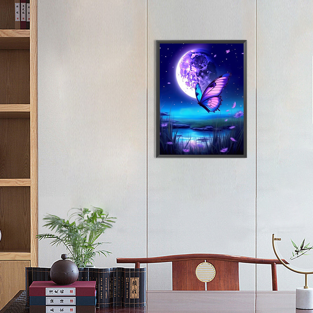 Butterfly Under The Moon - Full Round Drill Diamond Painting 30*40CM
